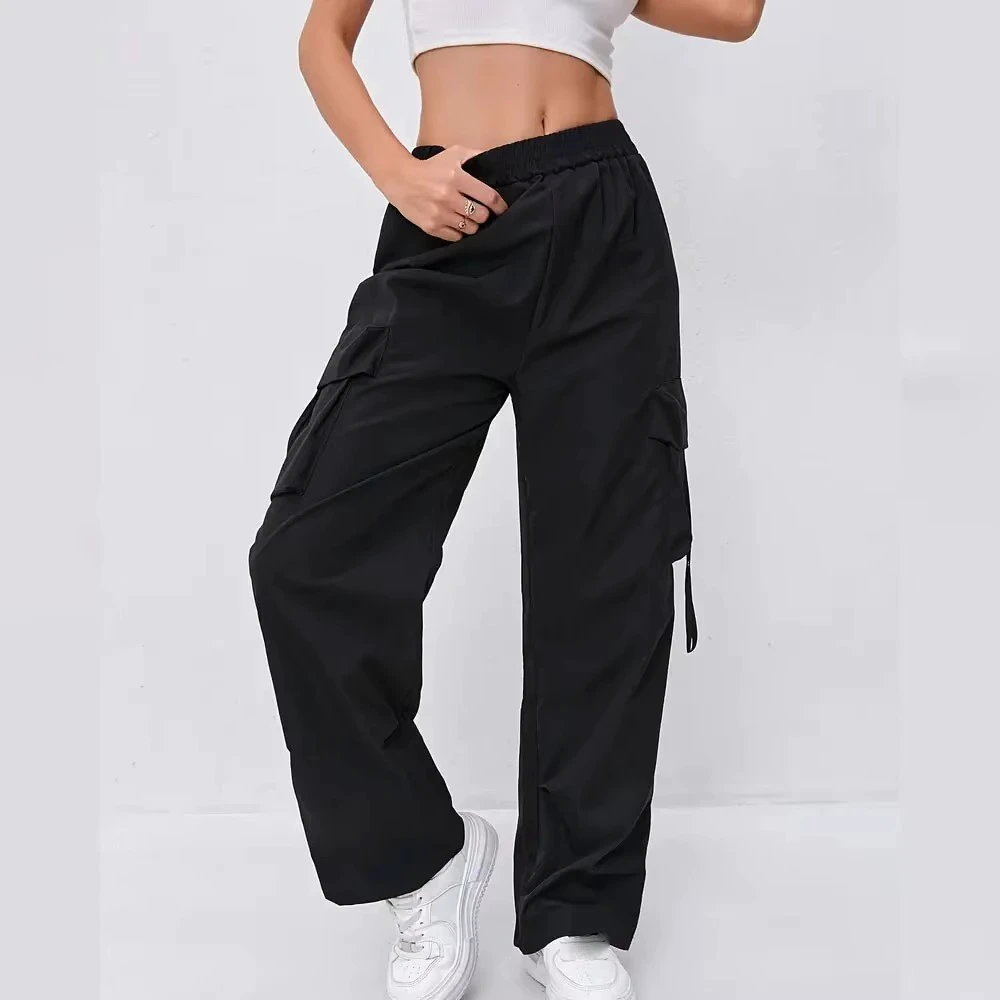 Women High Waist Loose Fit Cargo Pants Solid Black Elastic Waist Full Length Casual Wear Breathable Polyester Trousers
