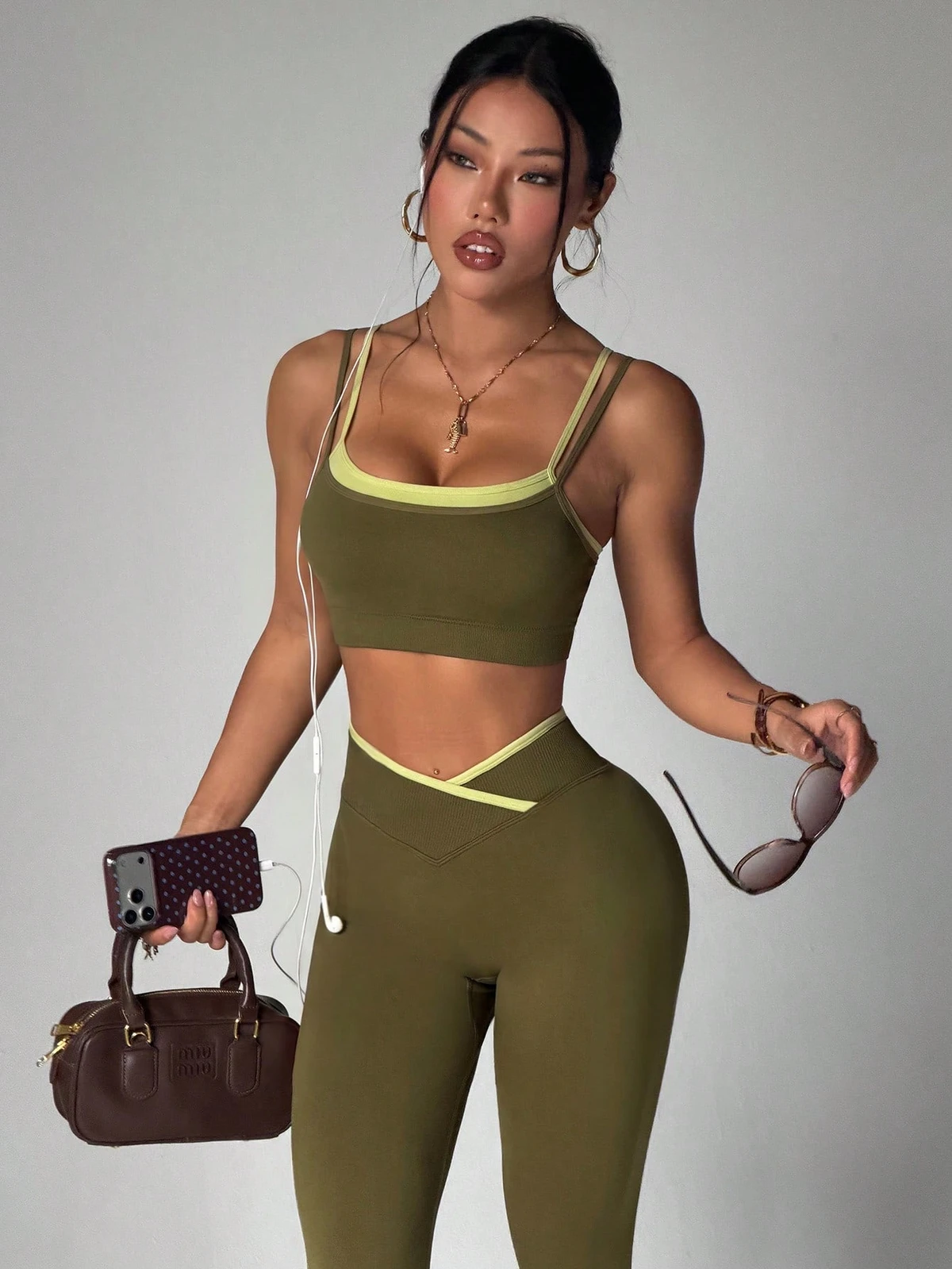Two Color Block Yoga Set Women Double Strap Sports Bra V Cross Waist Butt Lifting Leggings 2 Piece Outfit Gym Fitness Tracksuit