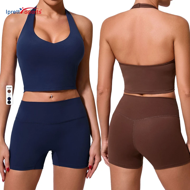 Women's 2Pcs Yoga Sets Halter Sports Bra Crop Top Workout Shorts Vest Fitness Clothes High Waist Leggings Gym Activewear Suit