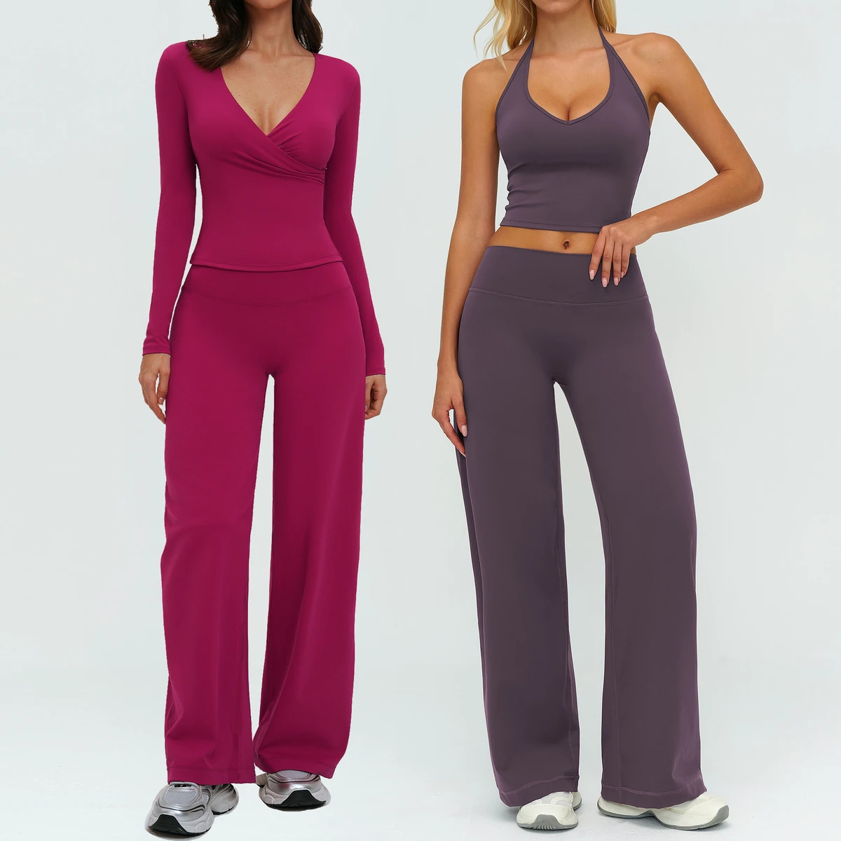 FLW Women's 2-Piece Solid Anti-Wrinkle Yoga Suit Elastic Waist Spandex/Nylon High-Waisted Casual Outdoor Sports Front 3D