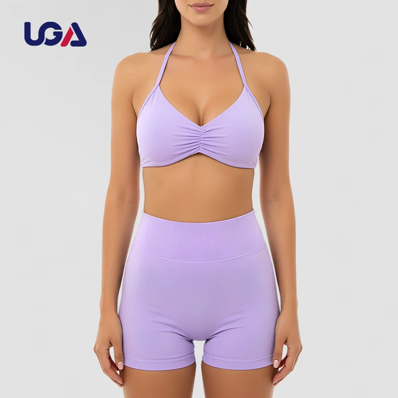 Custom Color Breathable Eco-Friendly Quick Drying 2-Piece Spandex/Nylon Activewear Workout V-neck Sports Bra Biker Yoga Set