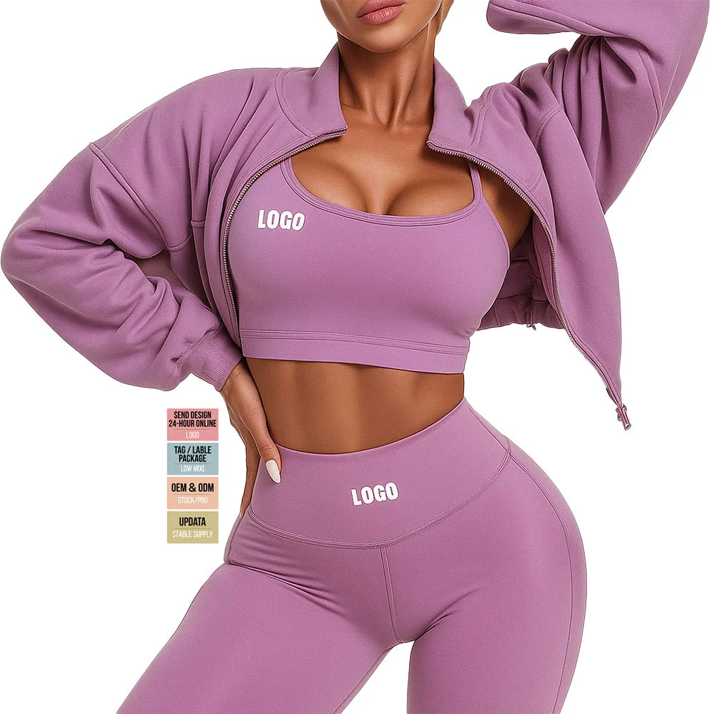 2024 Custom High Quality Crop Top 3 Piece Plus Size Fitness Yoga Sets Sportswear High Waist Leggings For Women