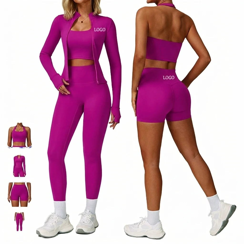 Quick Dry Workout Wear 3-Piece Yoga Set With Crop Top Full-Length Leggings And Zipper Jacket High Waist Sportswear For Women
