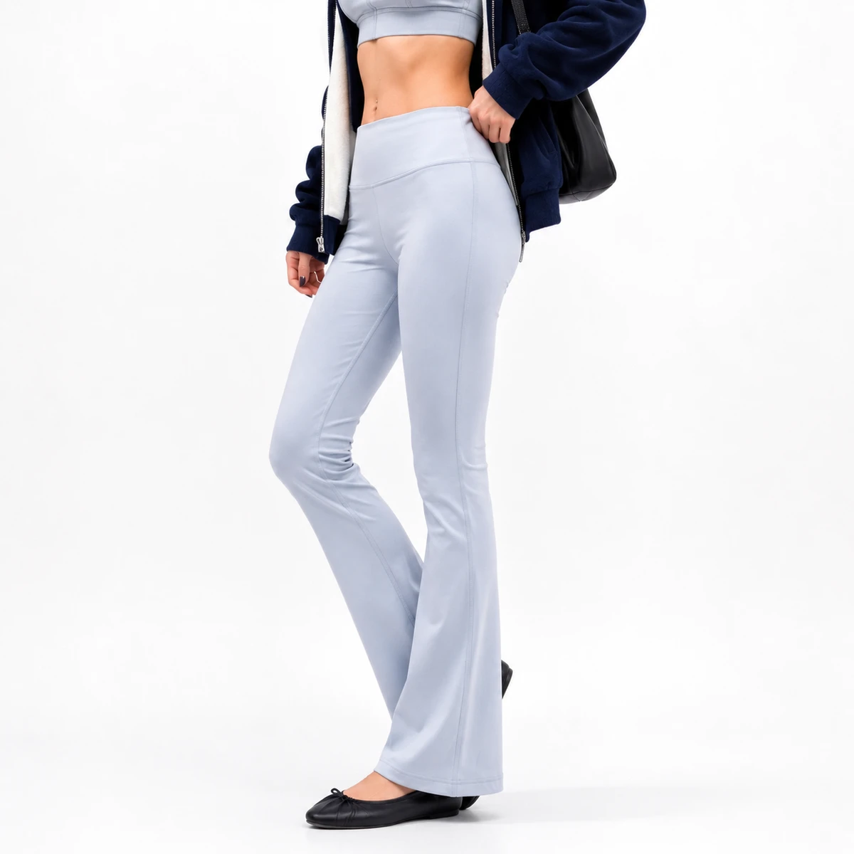 Wholesale Women Yoga Leggings 78% Polyester 22% Spandex Light Blue High Waist Flare Legging Custom for Workout Wear