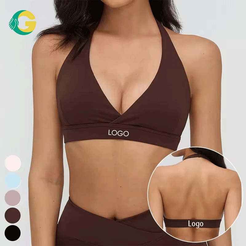 GC High Quality Deep V-neck Backless Running Top Custom Logo Sportswear Gym Fitness Wear Halter Yoga Bra Sports Bra for Women