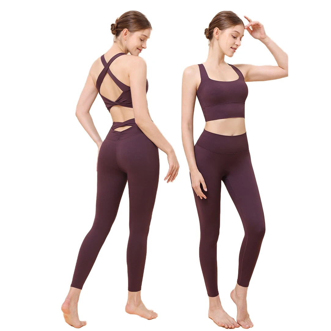 Custom Logo Recyclable High Waist Sexy Backless Twist Sport Bra & Full Length Leggings 2-Piece Set for Women Yoga Fitness