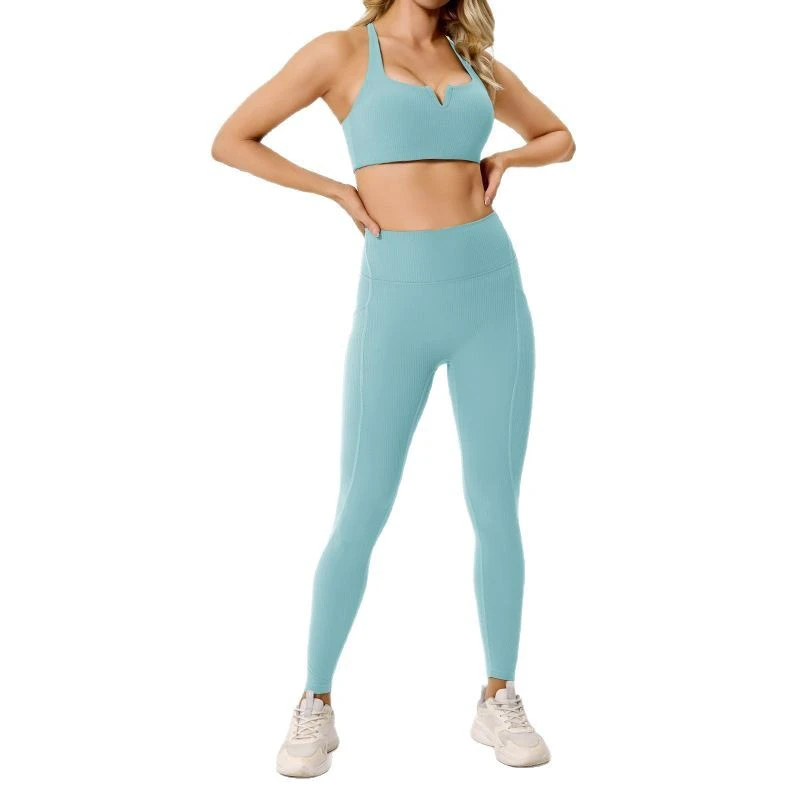 Women's High-Waist Tummy Control Ribbed Yoga Sports Set, Eco-Friendly Fabric, V-Neck Design, Back Pocket, Active Wear