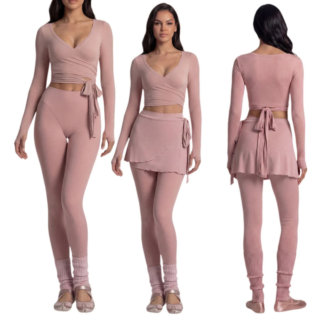 Yoga Top with Front Crossover Straps Ballet Style 2-Piece Set High Waist Elastic Waist
