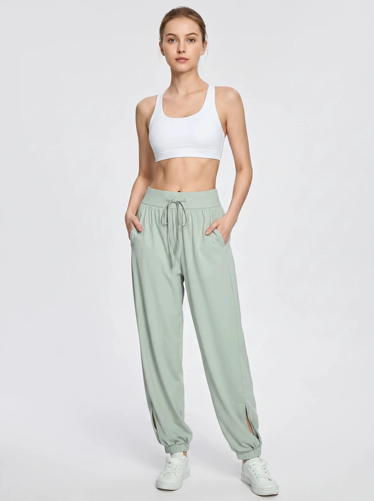 Women's high waisted open top yoga jogging pants with pockets, nylon high stretch outdoor quick drying casual sports pants