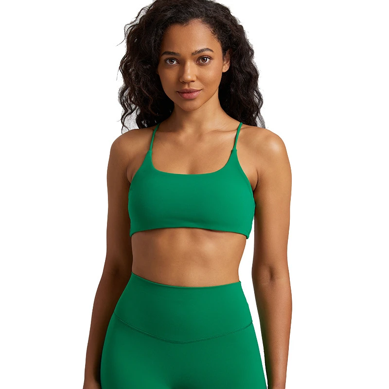 2024 New Green Sports Bra for Women Criss-Cross Back Padded Medium Support Yoga Crop with Removable Cups Plus Size