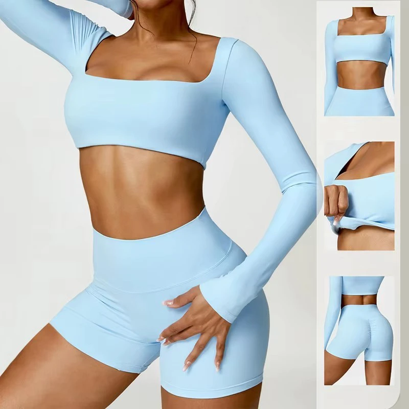 Wholesale Full Sleeve Women's Breathable Front Logo 2-Piece Workout Leggings Gym Fitness Sportswear Yoga Sets Four-Way Stretch