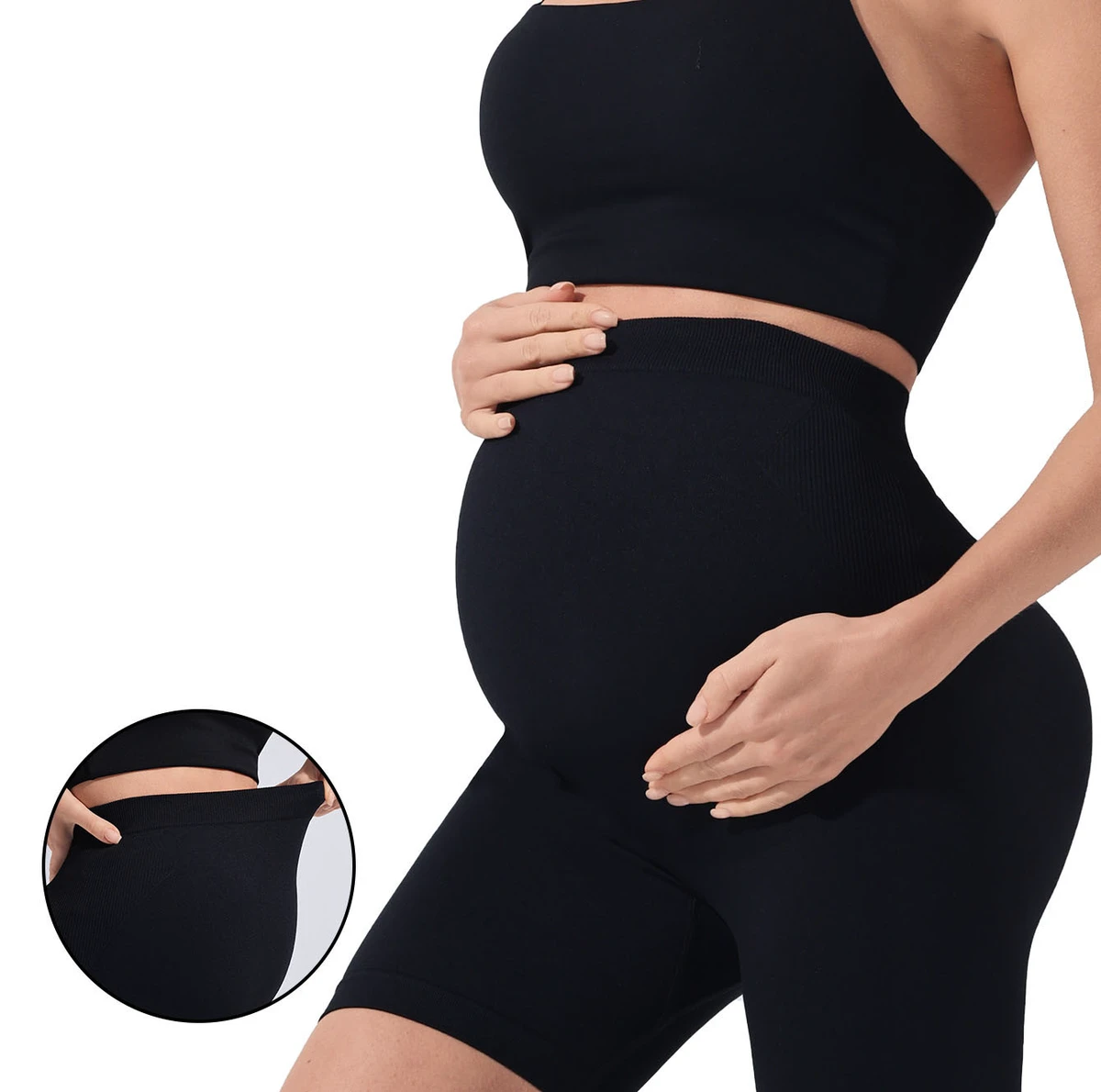 Maternity Yoga Shorts for Women Seamless Ribbed Waist Maternity Leggings Tummy Support Maternity Workout Shorts
