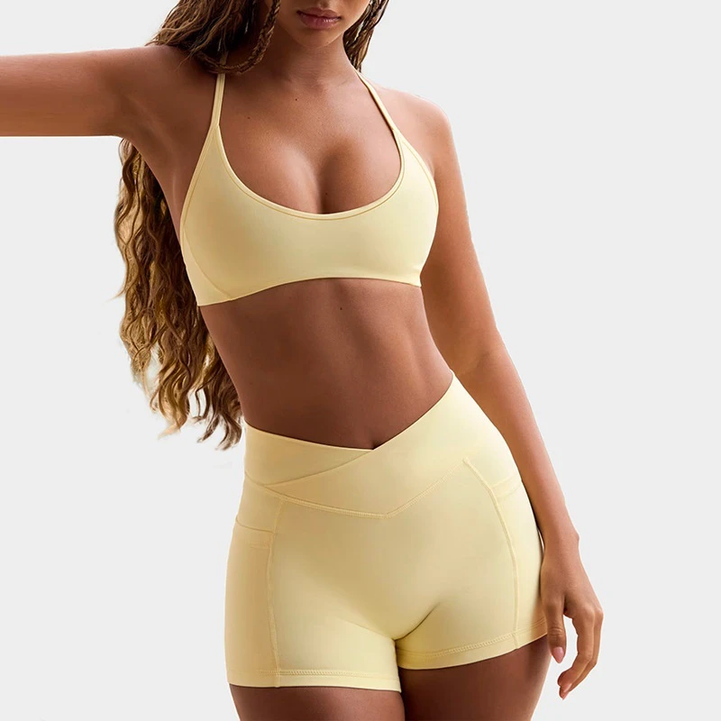 Beautiful Back Sports Bra with High-Elastic Halter Neck Cross-Waist Fitness Shorts Yoga Wear Breathable Solid Pattern Sports Set