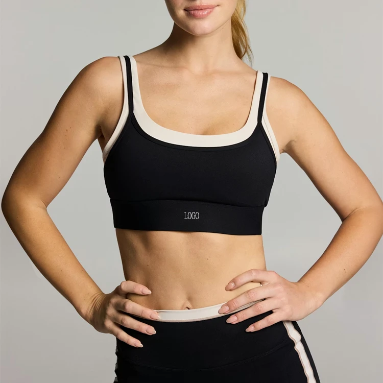Manuafacture High Quality Women Contrast Color Double Layer Adjustable Strips Gym Yoga Bra Sweat Wicking Fitness Sports Bra