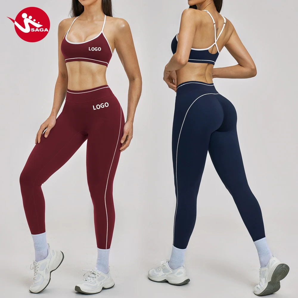 Women's Custom Logo Naked Feel Yoga Set Sexy Spaghetti Strap Sports Suit Seamless 2 Piece Gym Workout Outfits Factory