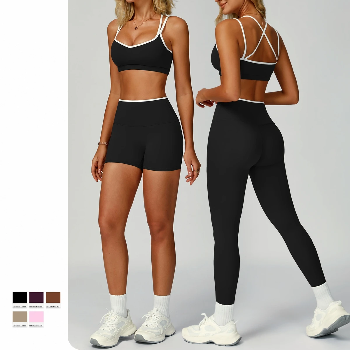 Yoga 5 Pcs Sets Quick Dry Tight Running Fitness Shock-proof High Waist Sports Set for Women Outdoor Fitness Gym Wear