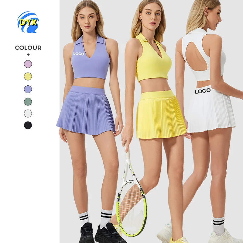 Women's Sexy Deep V-Neck Yoga Bra Lining Quick-Drying Breathable Pleated Tennis Skirt Solid Fitness Yoga Clothing Set Logo Waist
