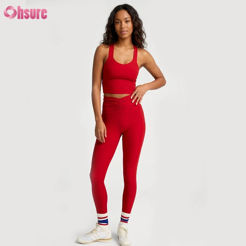 Custom Women Solid Yoga Leggings Set High Waist Gym Pants Crop Tank Top Built-in Bra Twist Back Four-Way Stretch Seamless