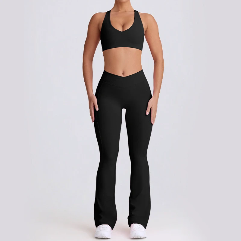 SDY-035 Women's Breathable Seamless Yoga Set Strappy Sports Bra Quick-Dry Pants Front Workout Outfit for Gym Outdoor Fitness