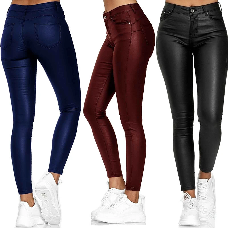 Fashion New Women Lady Girls Female PU Leather Trousers European and American Women's Casual Pencil Slim Long Pants