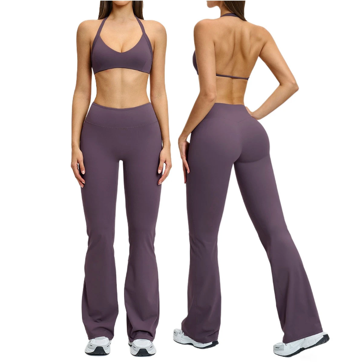 Women's Solid Yoga Set Spandex/Nylon Sweat-Wicking Breathable Four-Way Stretch Quick Dry V Neck Halter Bra Flare Pants
