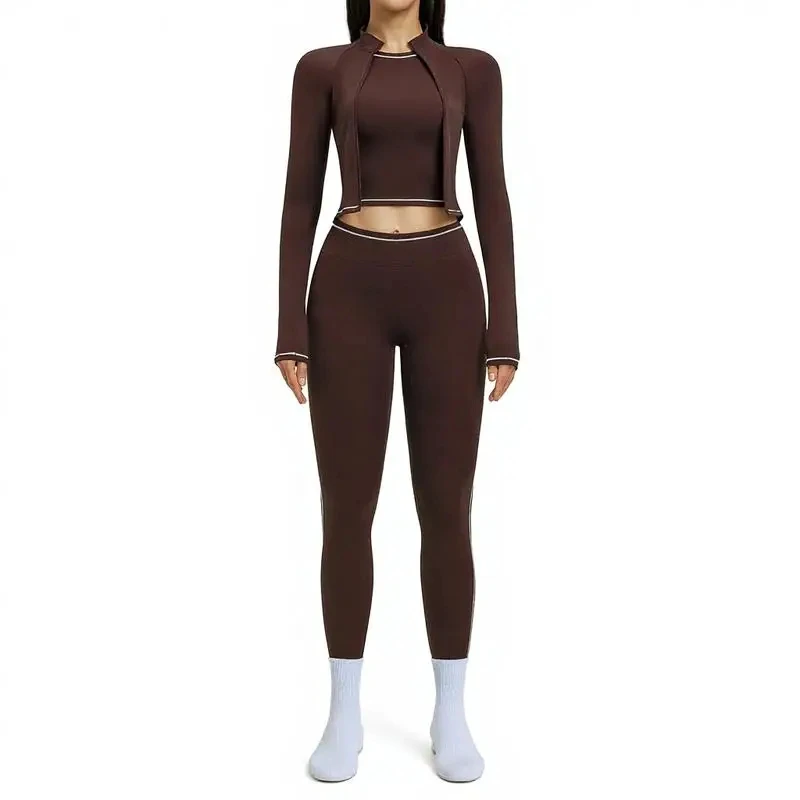 Premium Nylon Spandex 3-Piece Workout Set for Women Fitness Bra High Waist Trousers Zip-Up Jacket Four-Way Stretch Breathable