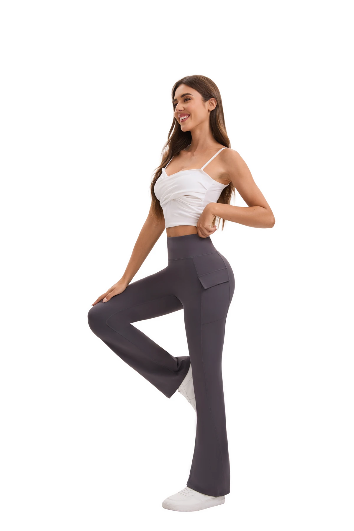 (Overseas Warehouse Shipping) 2026 New Arrival High Elastic Waist Abdomen Slimming Flared Yoga Pants Side Pockets Solid Color