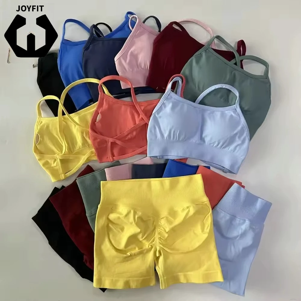 Women 2 Pieces Yoga Set Cross Straps Bra Beautiful Back Tops High Waist Sport Short Scrunch Bum Workout Short Gym Suit