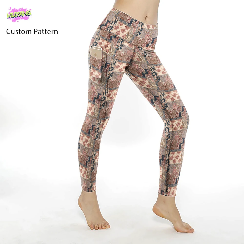 Wholesale Women's Gym Printed Leggings 92% Polyester 8% Spandex High Waist Sports Four Way Stretch Yoga Leggings with Pockets