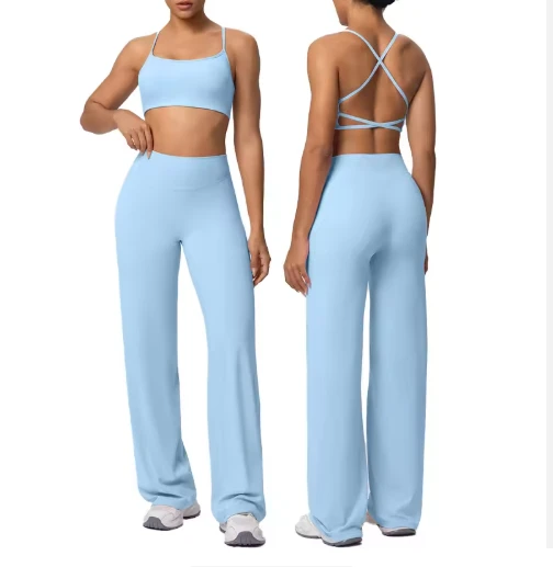 Custom Logo Women's Solid Gym Fitness Wear Suit Cross Straps Sports Bra & High-waist Wide-leg Pants Workout 2 Piece Set