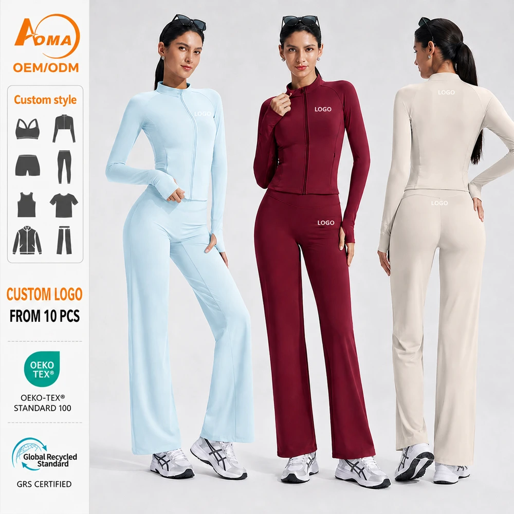 Aoyema Conjuntos De Yoga Custom Logo Women Fitness SportsWear ZipUp Jacket High Waist Flare Pants Workout 2 Piece Yoga Set