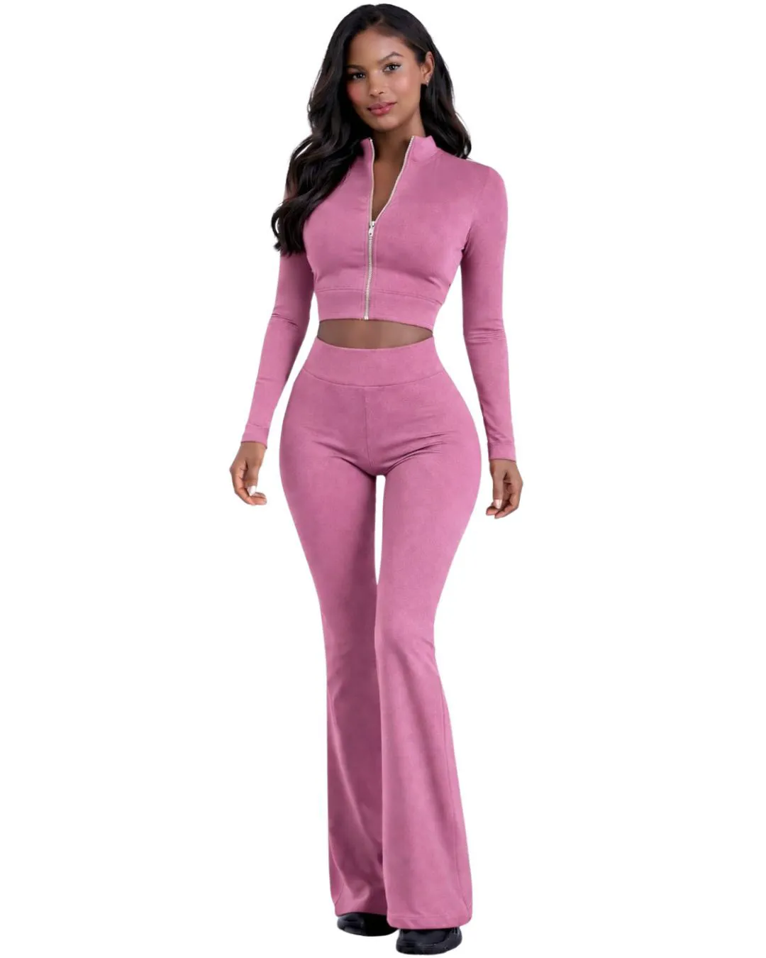 Custom Pink Women Two Piece Yoga Set Zip Crop Top And High Waist Flared Pants Stretch Fitness Gym Wear Custom Manufacturer OEM