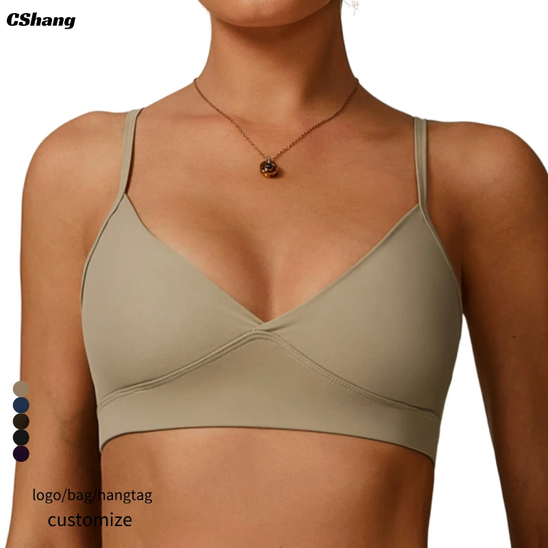 Custom Logo Breathable Simple Deep V Neck Adjusted Thin Straps Yoga Sports Bra Environmental Recycled Fabric Women Gym Fitness
