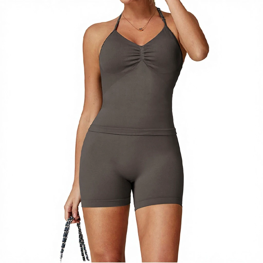 Women's High Waist High Elastic Yoga Shorts Set Custom Logo Pilates Yoga Two-Piece Built-in Chest Pad Ultra-soft Breathable
