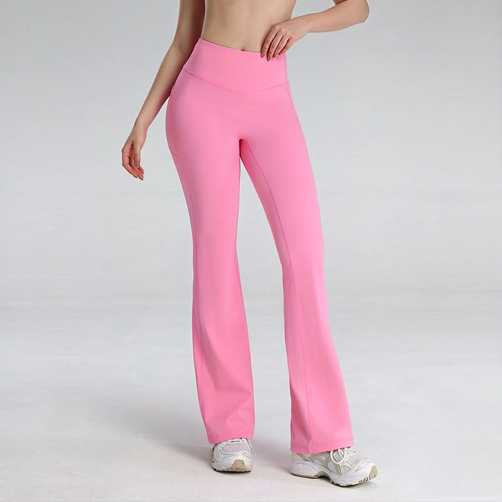Women's High Waist Side Pockets Yoga Flare Pants Elastic Waist Closure Solid Pattern Workout Yoga Tummy Control Flare Leggings