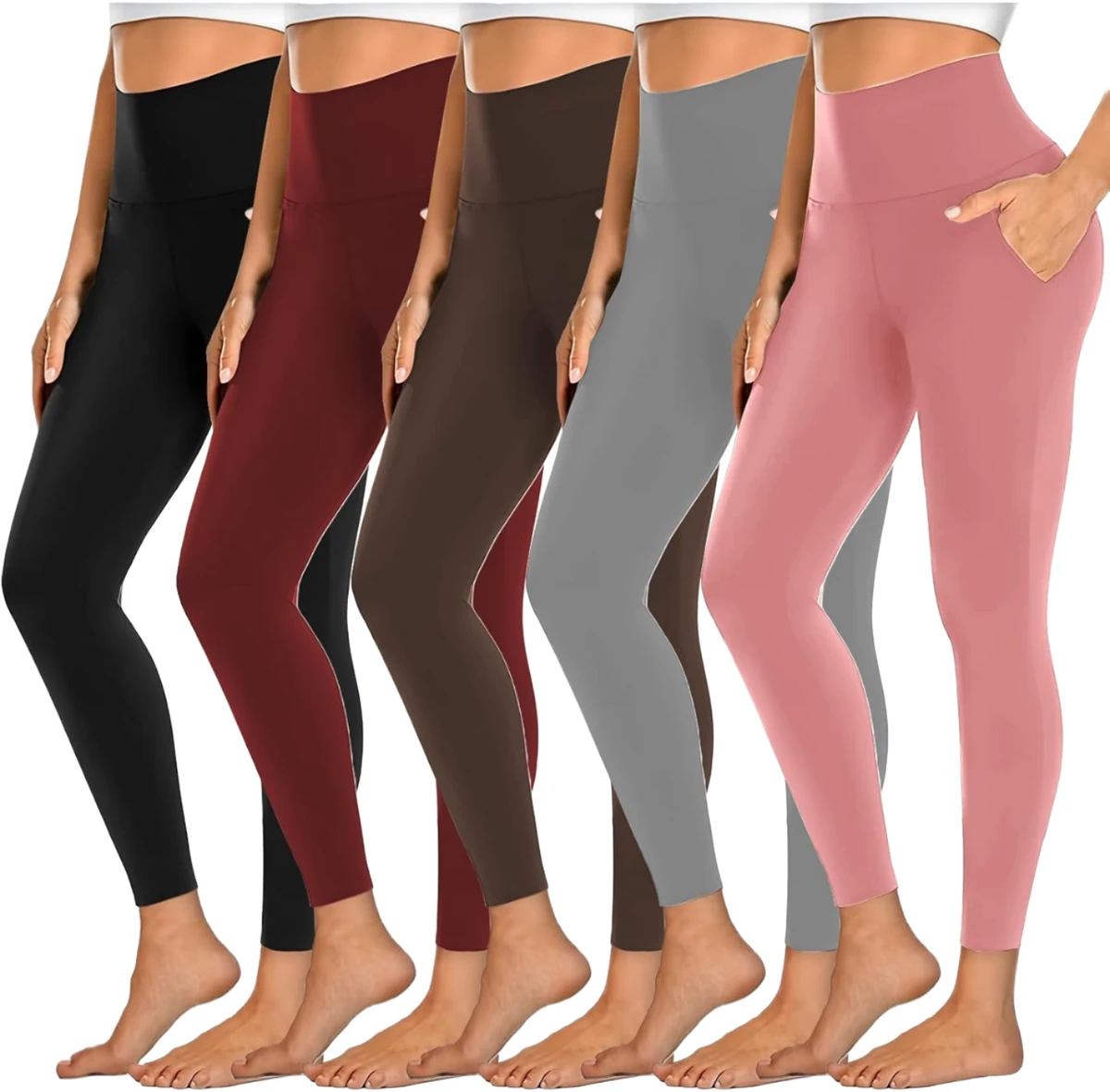 Women's High-Waisted Full-Length Yoga Leggings with Elastic Waist Solid Pattern Pockets & Tummy Control