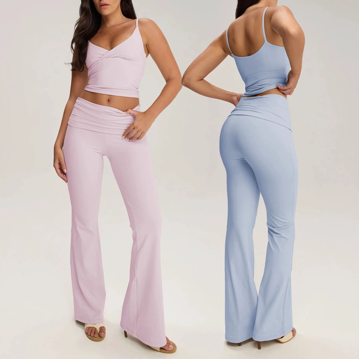 Spaghetti Strap Crop Top High Waist Flare Leggings 2 Piece Active Wear High Stretch Yoga Set