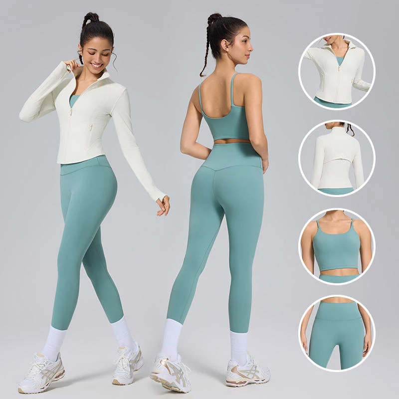 Women Solid 2 Piece Premium Gym Set Long Sleeve Yoga Jacket Sweat-Wicking Four-Way Stretch High Waist Fitness Leggings Front