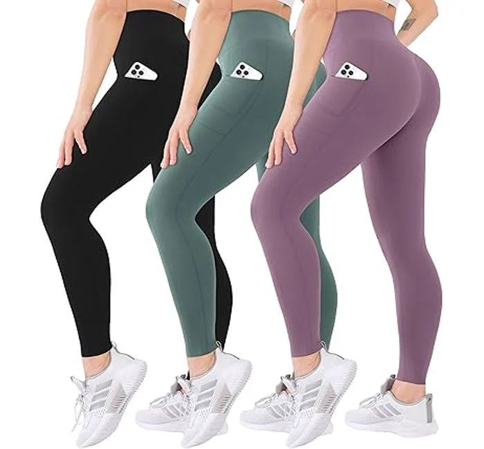 High Waist Seamless Leggings With Invisible Pocket Solid Color Full Length Sporty Yoga Pants Stretch Breathable Compression Fit