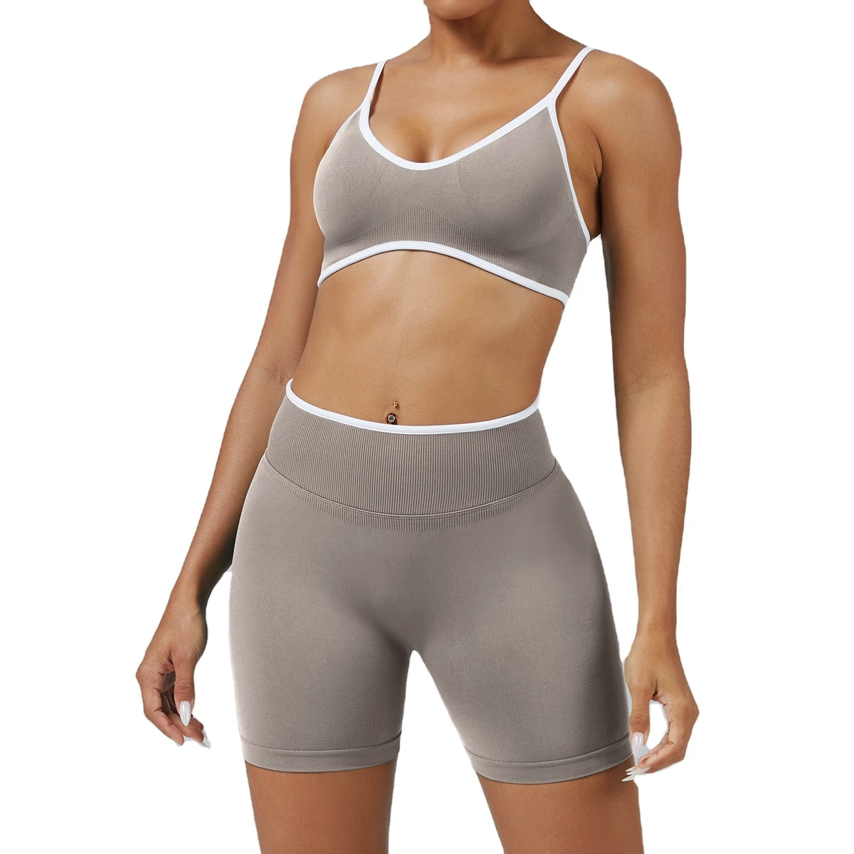 Women's Solid Color Matching Sports Suit 2-Piece Set Contrast Binding Spaghetti Strap Quick-drying Elastic Waist Yoga Running