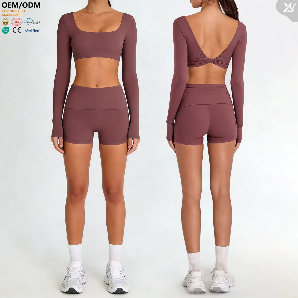 XW-2026207 Women 2 Piece Yoga Outfit Twist Back Long Sleeve Crop Top High Waist Shorts Set Buttery Soft Stretchy for Gym Workout