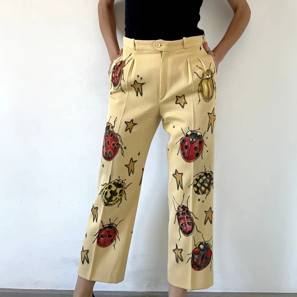 Women's Loose Fit High Rise Flare Pants Plaid Pattern Wool Knit Anti-Pilling Breathable Casual Style Drawstring Closure Crystal