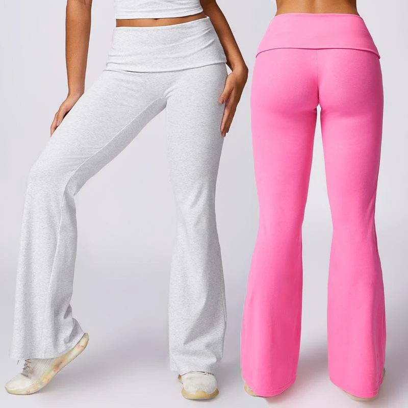 SHINBENE Women 's Cotton Ribbed Flare Skinny Pants Fold Over Leggings Stretch Bootcut Bell Bottom Yoga Pants