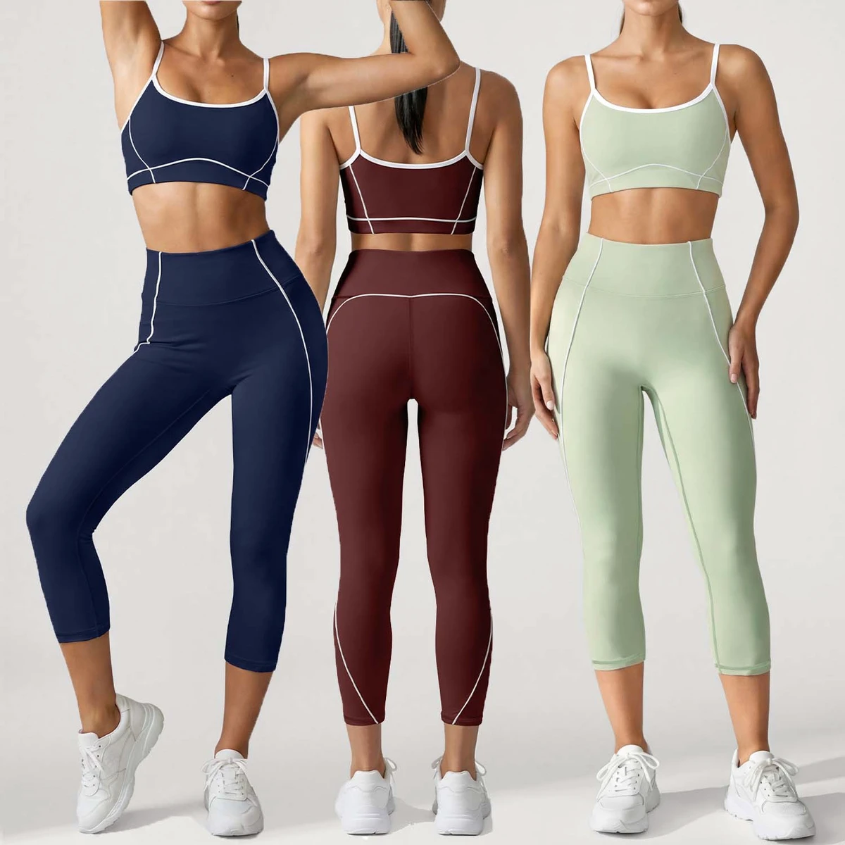 Women Color Blocking High Waisted Moisture Wicking Sports Bras & Cropped Pants Gym Running Yoga Set