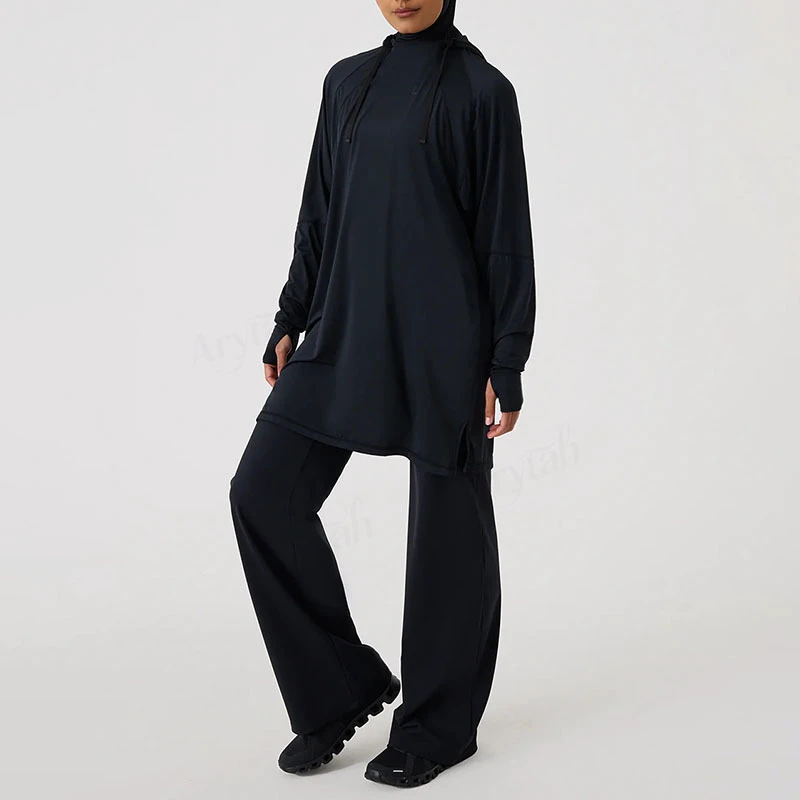 Custom New Style Women Muslim Full Length Active Wear Set For Women Solid Color Women Modest Sportswear For Gym Fitness