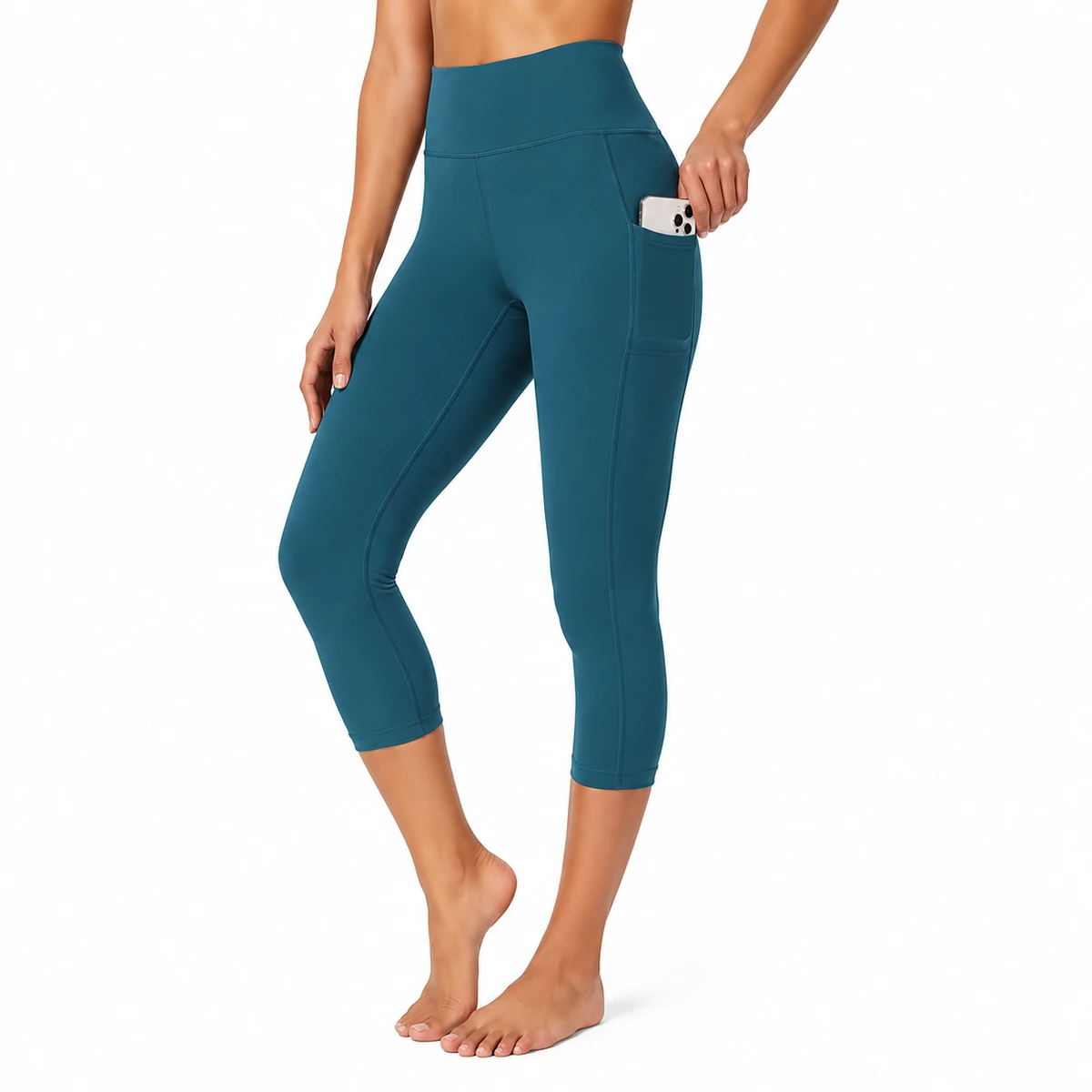 High Waisted Calf-Length Yoga Leggings With Pockets Four-Way Stretch Seamless Solid Color Women's Workout Pants