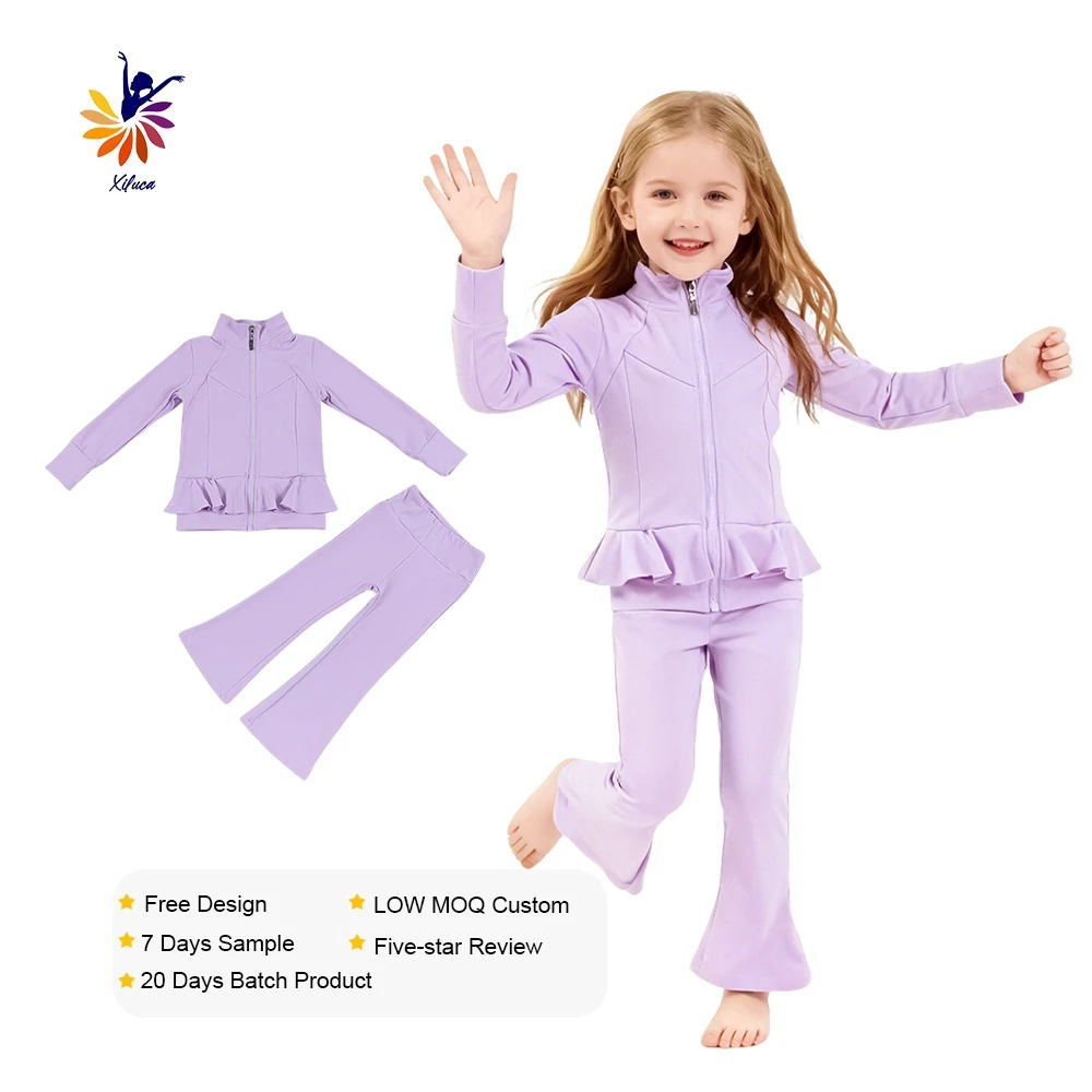 Brand Inspired Girls Yoga Set Long Sleeve Slim Zip Up Jacket Lace Hem Tight Flare Pants Kids Athletic Activewear Low MOQ