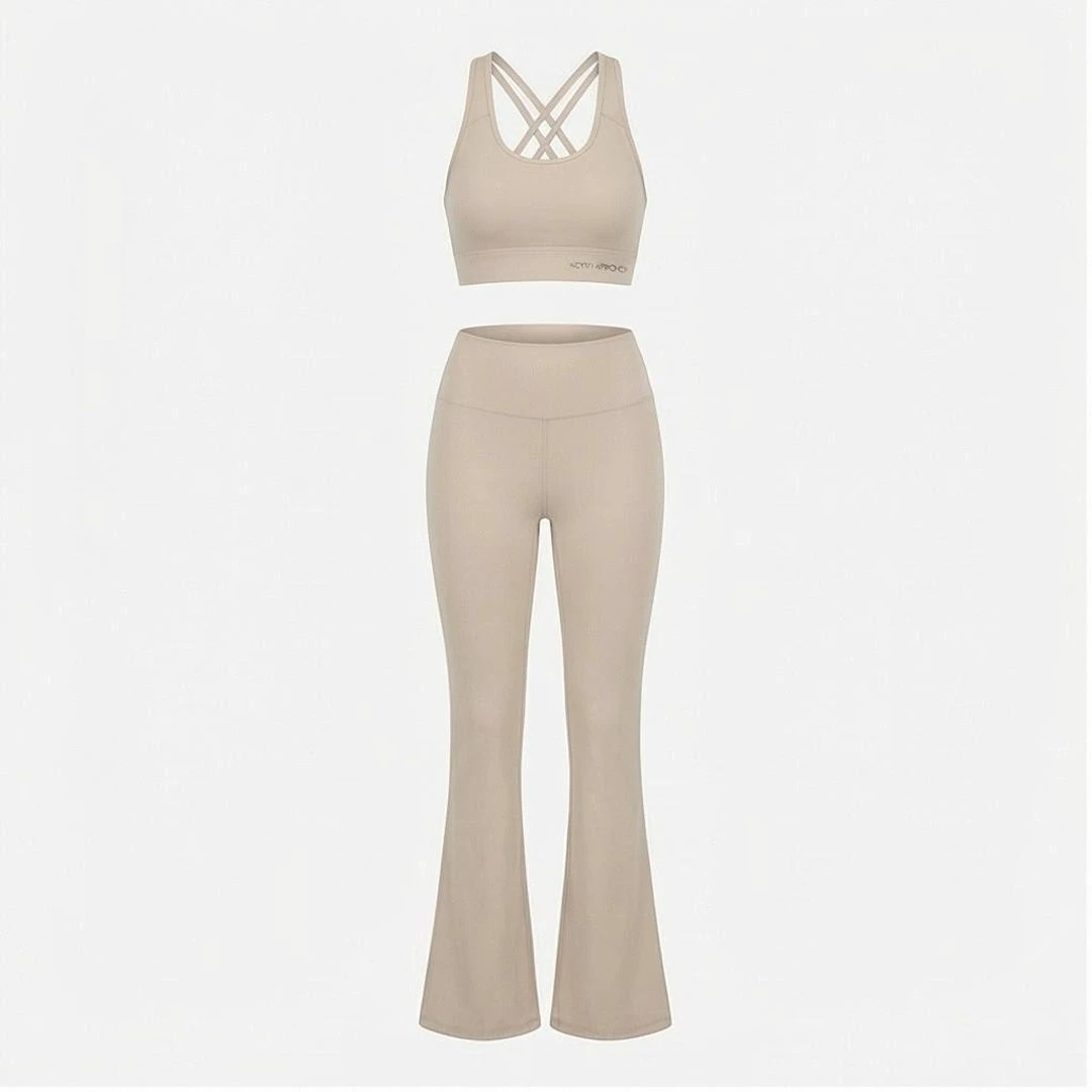 2 Piece Yoga Set Seamless Crisscross Strap Crop Top High Waist Full Length Flared Leggings Solid Beige Women's Activewear