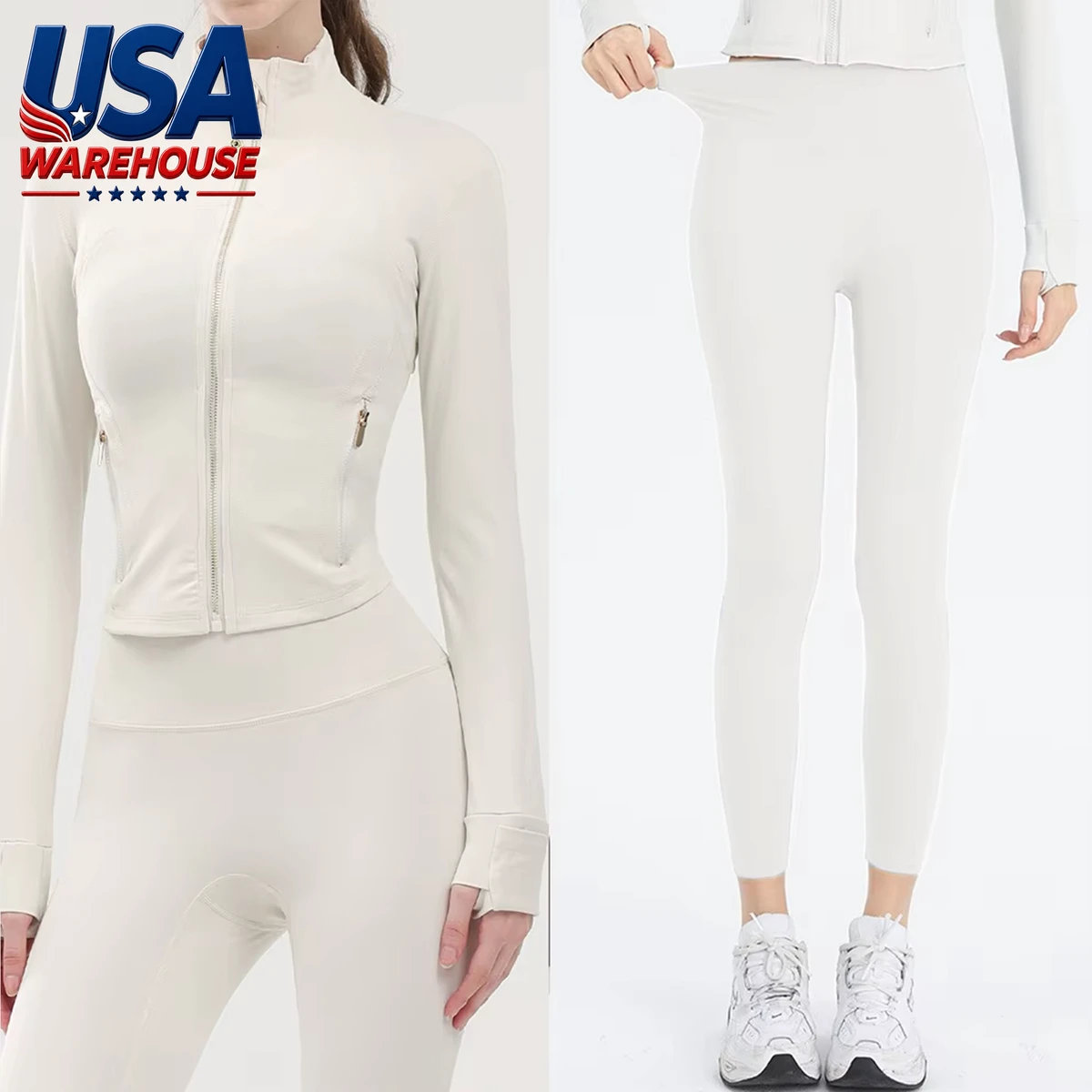 USAWarehous Popular Plus Size Stretchy Breathable High Waist Women's Yoga 2-Piece Set Cropped Top & Leggings Front Logo Gym Wear