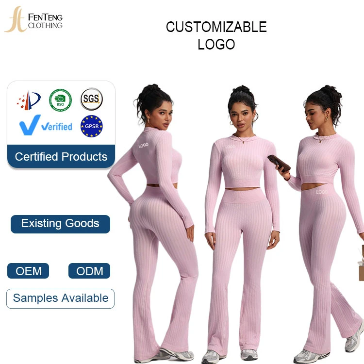 Under Lulu Custom High Waist Flared Ribbed Yoga Set Slim Fit Lifting Buttocks Fitness Long Pants Long Sleeve Two Piece Set